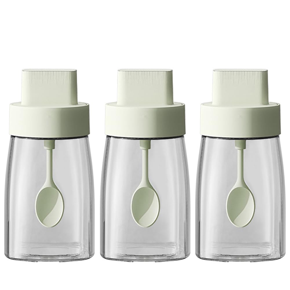 LOYUYU Kitchen Sodium Calcium Glass Spice Jars Seasonning Box Set of 3, Condiment Pots Spice Jars, Combination Retractable Spoon and Lid Design, Airtight Cap 230ml Green