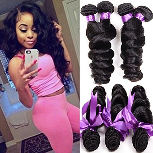 Shireen Peruvian Virgin Hair Loose Wave 3 Bundles 8A Unprocessed Loose Deep Wave Wet and Wavy Human Hair Extensions Natural Black (10 12 14inch)