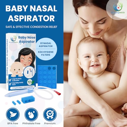 Baby Nasal Aspirator, Mucus Sucker with 24 Hygiene Filters - Safe & Easy to Clean for Newborns, Infants, Kids - Suction Nose Cleaner, Nose Sucker, Nasal Suction, Mucus Remover,PLUSQMED