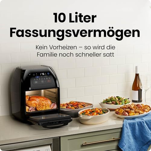 Multifunktionale Digitale Heißluftfritteuse + Rotisserie, Dörrautomat, Konvektion, 17 Touchscreen-Voreinstellungen, XL 10L Familiengröße, Automatische Abschaltung, Großes Sichtfenster, Schwarz