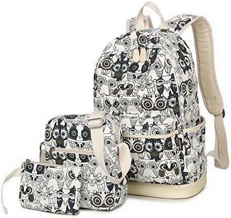 Kofuti Canvas Backpack Set 3 Pieces Cute Print School Backpack for Boy and Girl White Owl
