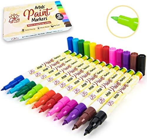 Premium Fine Tip Paint Pens - Ceramic, Fabric, Glass, Metal, Wood, and Leather (Nearly Any Surface), Set of 12 Vibrant Water Based Fine Point Acrylic Markers, No Bleed Guarantee