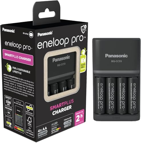 eneloop Caricabatterie SmartPlus per Batterie AA/AAA Ni-MH, Include 4 Batterie AA 2500mAh, Ricarica Rapida 2 Ore, con 10 Funzioni di Sicurezza