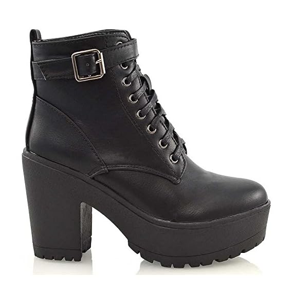 ESSEX-GLAM-Womens-Synthetic-Chunky-Platform-Cleated-Sole-Lace-Up-Ankle-Boots-US-8-Black-Synthetic-Leather