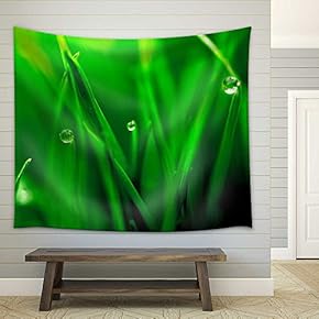 Macro Closeup of Fresh Green with Dew Droplets of Water - Fabric Wall Tapestry Home Decor - 51x60 inches