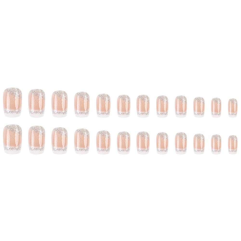 Square Press On Medium French Tips Silver Glitter Acrylic Nails - White Ombre Glue On Shiny Stick On Nude False Nails for Women Girls - 24 Pcs - Image 5