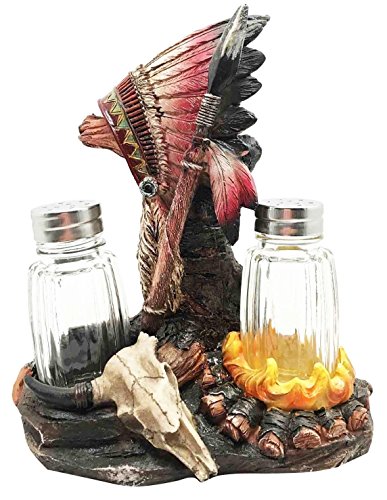 Native Indian Chief Headdress Bull Skull Salt Pepper Shakers Holder Figurine