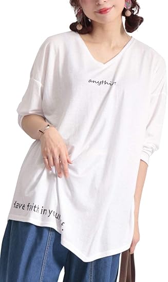 Amazon ゴールドジャパン 大きいサイズ レディース トップス Tシャツ ロゴ プリント 長袖 ドルマン ロング Tシャツ カットソー 通販