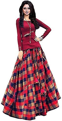 Mellow Enterprise Woman's Bangalori Satin Long Skirt Gown and Top_Red,Free Size