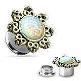 PAIR Internally Threaded Double Flare Lotus Flower with Opal Plugs Body Jewelry