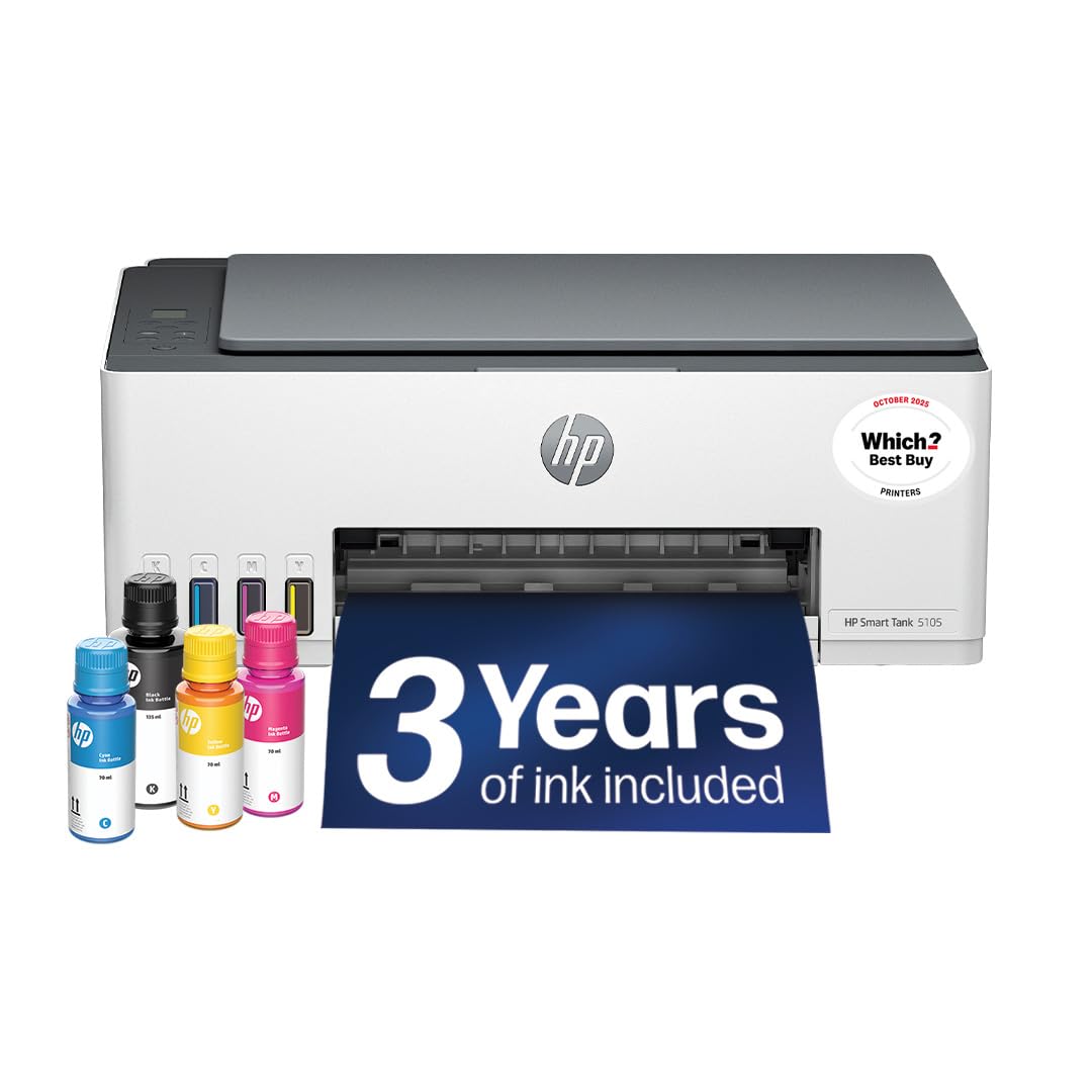 HP Smart Tank 5105 All in One Printer | Perfect for Home | Colour | Wireless | Print, Scan, Copy | Refillable, Includes up to 3 Years of Ink | Smart Buttons | Easy Setup | Reliable Wi-Fi