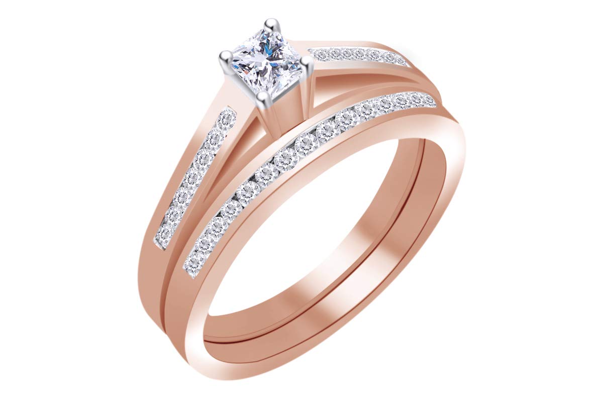 1/2 Cttw Womens Princess Diamond Bridel Wedding Engagement Ring Band Set 10Kt Solid Gold (I-J Color,