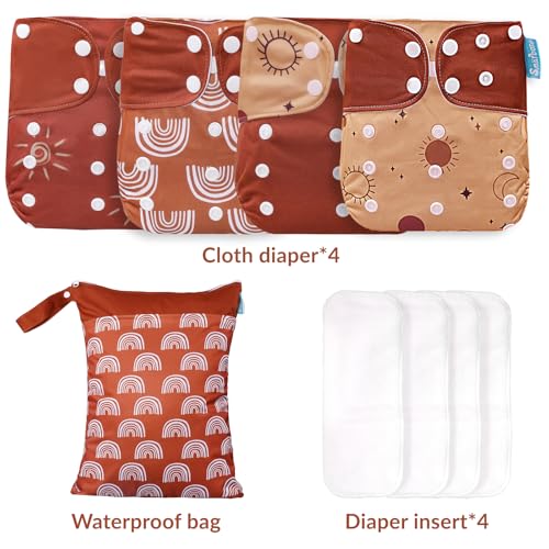 Smarbore Baby Cloth Diapers Set - 4 Pack with 4 Inserts & 1 Wet/Dry Separation Bag, Reusable Infant Toddler Nappy, Adjustable Pocket Diapers for Baby Boys and Girls (6-33 pounds, 0-3 Years)