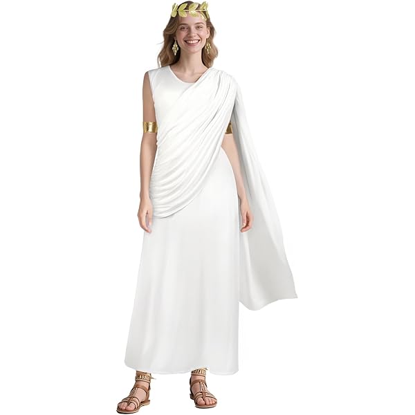 one shoulder toga dress Gold Greek Goddess Costume One Shoulder Metallic Toga Dress With Laurel Crown & Gold Leg Wraps Women's Ancient Roman Festival Outfit