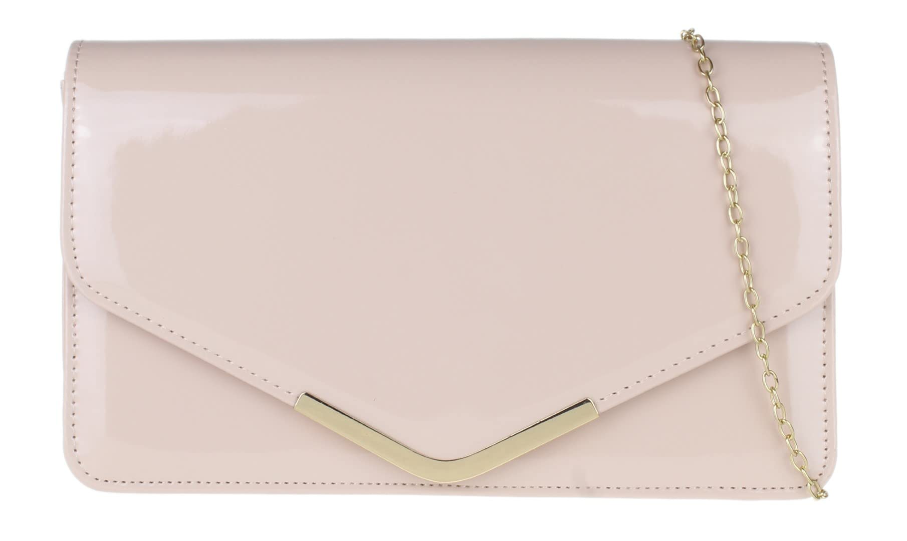 Girly HandBags Beautiful Patent Faux Leather Metallic Frame Envelope Clutch Bag Shoulder Bag Party Evening Wedding - Nude
