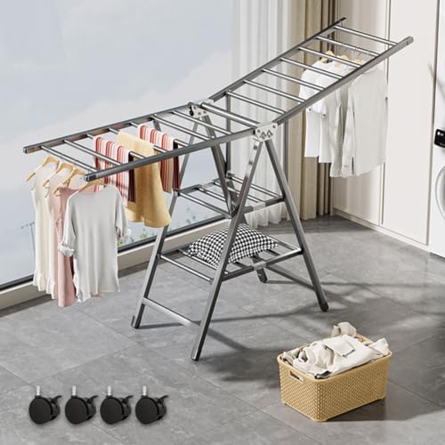 Zucng Large Folding Clothes Dryer Clothes Drying Rack, Metal Laundry Drying Rack Free-Standing Drying Rack Clothing for Indoor Outdoor Windproof 3 Tier, Grey