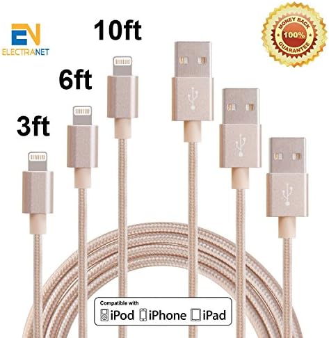 ElectraNet Apple MFi Certified Lightning to USB Sync and Charging Cable - Nylon Braided iPhone Charger Cable 3ft, 6ft, 10ft - iPhone 7, SE, 5, 5s, 6, 6s, 6,i Pad Air, Mini, iPod (Gold)