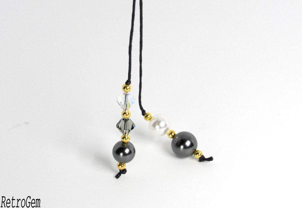 RetroGem Elegance Swarovski Elements Pearl Suncatcher, Book Thong Bookmark, Car Charm for Rear View Mirror, Window Hanging Ornament, Home Decor (Black/White)