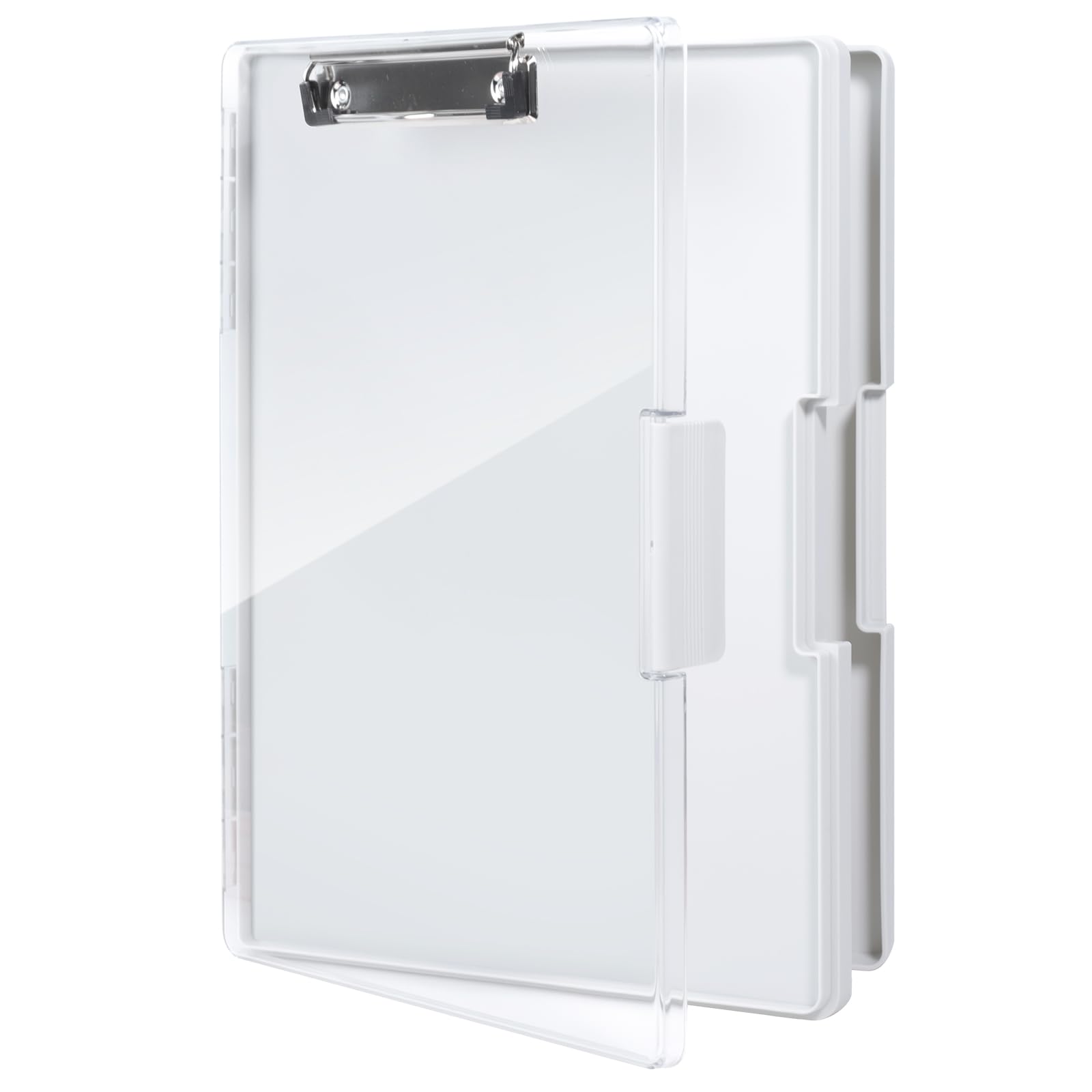 FRETONBA Clipboard A4 with Storage, Plastic Clip Board with Pen Holder, Portable Personalised Clipboard with Cover, Folder Box with Dual Compartment for School, Industry, Office Supplies, White