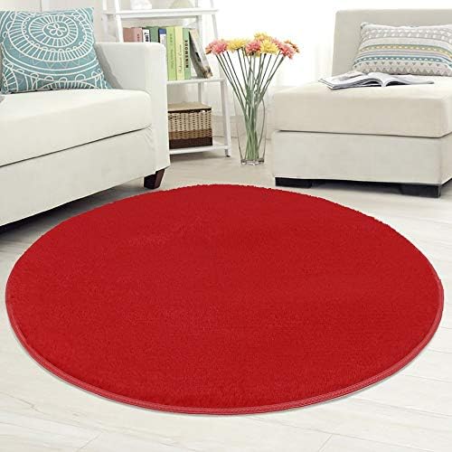 Nursery Rug Super Soft Fluffy Round Area Rug Anti-Skid Indoor Modern Carpet Floor Mat for Home Bedroom Kids Room Woman Yoga, 39 Inches (Red)