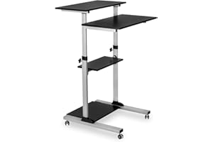 Mount-It! Rolling Standing Desk Adjustable Height up to 54.7", Portable Laptop Podium Desk with Wheels, Mobile Presentation Cart with Shelves, Computer Workstation for Office, Classroom, Warehouse
