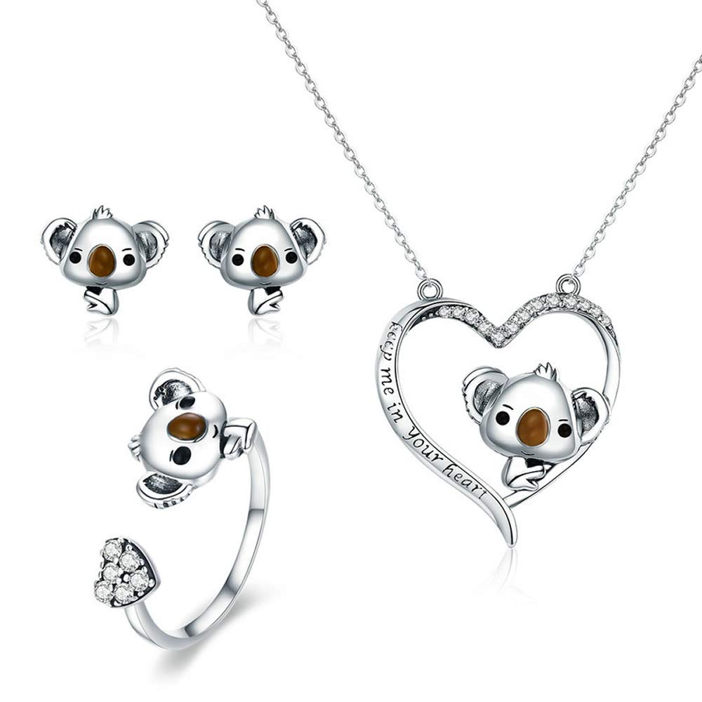 100% Real 925 Sterling Silver Cute Bear Koala Animal Collection Girls jewellery Set Sterling Silver jewellery Gift