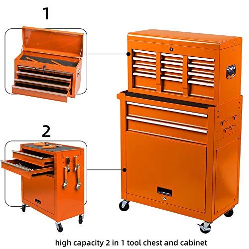 Big Tool Box,Rolling Tool Chest with Sliding Drawers,2 in 1 Tool Cabinet with 4 Swivel Wheels (2Pcs with Brake),Cold Rolled Steel,Orange