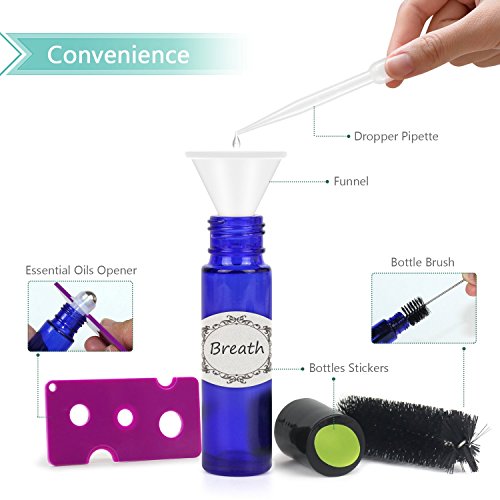 12,10ml Roller Bottles for Essential Oils - Cobalt Blue, Glass with Stainless Steel Roller Balls by Mavogel ( 3 Extra Roller Balls, 30 Pieces Labels, Opener, Funnel, Dropper, Brush Included) - Thumbnail 4
