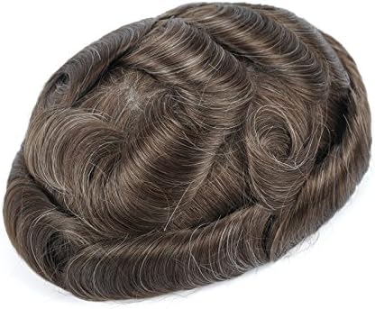 GEX 33Colors Men's HairPiece Toupee Human Hair Replacement Systems Fine Mono and Poly Base Slight Wave Medium Density Vivid Men's Wig BOND(410#)