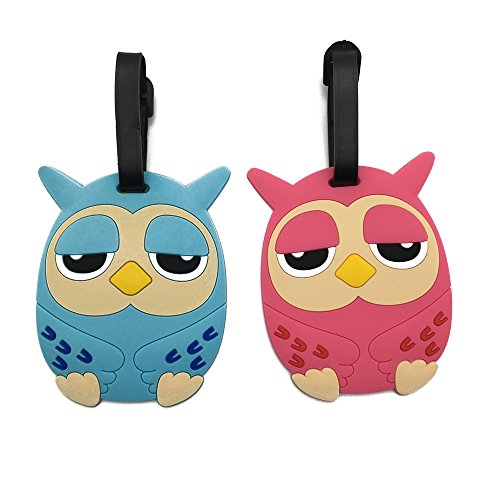 Mziart Colorful Cartoon Owl Silicone Luggage Tags Holders or Premium Backpack ID Tags (Set of 2 - One of Each Shown)