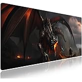 Wknoon XXL Gaming Mouse Pad with Stitched Edges for PC Home & Office 31.5 x 11.8 inches - Knight Fighting Dragon Fantasy Scene, Smooth Cloth Surface Anti-Slip Natural Rubber Base Large Desk Mat