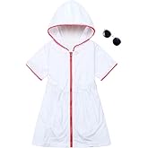 Shekavarld Girls Swim Cover Up Kids Beach Swimsuit Coverup Terry Zip-Up Bathing Suit Beach Pool Clothes with Sunglasses