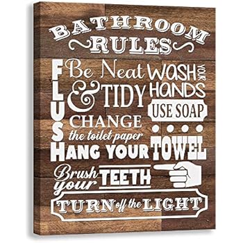Kas Home Bathroom Canvas Wall Art | Rustic Bathroom Funny Rules Prints Signs Framed | Wood Background Bathroom Laundry Room Decor (12 x 15 inch, Bathroom Rules - 01)