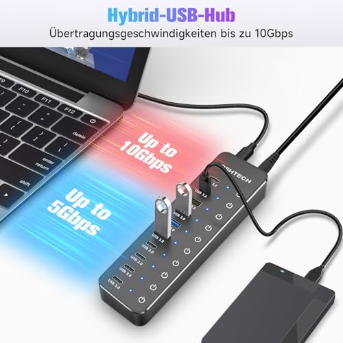 USB Powered Hub, RSHTECH USB 3.2/USB-C 10 Ports Hub with 3X 10Gbps Data Port (2C+1A), 7X 5Gbps 3.0 Ports (4C+3A), 12V/5A 60W Power Supply, Individual Touch Switches USB Hub, RSH-ST10C-6
