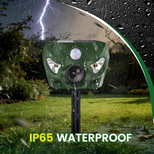 Ultrasonic Animal Deterrent Outdoor, Solar Power Cat Rodent Raccoon Repeller, Rabbit Snake Control Device with Motion Sensor and FIashing Light, Waterproof Outdoor Animal Device for Deer Squirrel