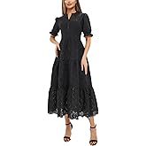 utcoco Womens Eyelet Lace Embroidered Dress Elegant V Neck Short Puff Sleeve Tiered A Line Midi Dresses