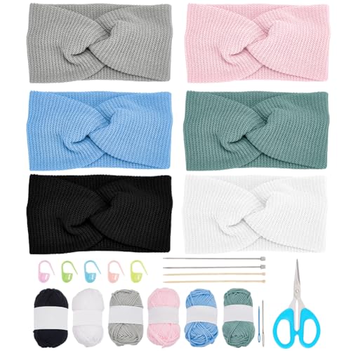 WEBEEDY 6 Sets Hair Ribbons Hairband Knitting Kit Easy Knitting DIY Knitting Starter Kit with Step by Step Instruction and Knitting Needles for Adults Beginners Knitting Crochet Supplies Ideal Gift