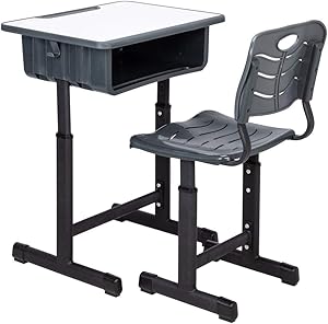 Kids Desk and Chair Set Height Adjustable Ergonomic Children Sturdy Table, Childs Study School Desk Kids Art Writing Desk (Black)