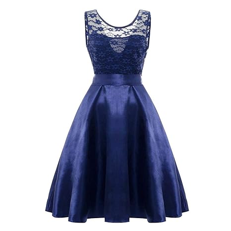 Hffan Damen Spitzenkleid Ärmellos Kurzarm High Waist Hohe Taille Neckholder Schulterfrei Knielang Schön Elegant A-Linie Kleid