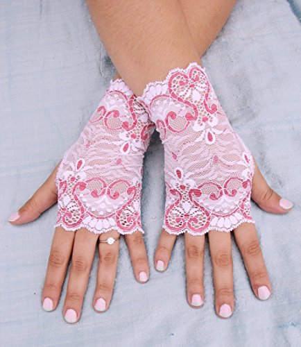 Raspberry Pink Red Hearts lace Fingerless Gloves