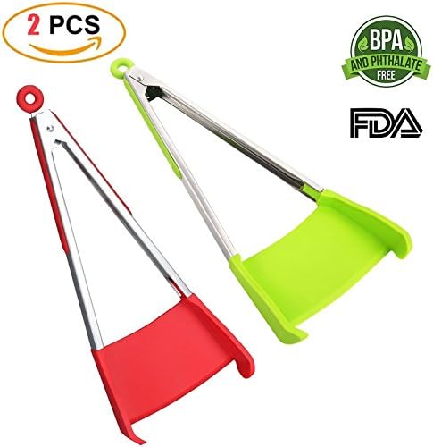2 Pack 2 in 1 Silicone Spatula and Tongs Kitchen Tools,As Seen on TV,12'' Food Spatula and Tongs with Locking Clip,Stainless Steel Frame,BBQ Tongs Non-stick,Easy Clean, Compact, Ergonomic