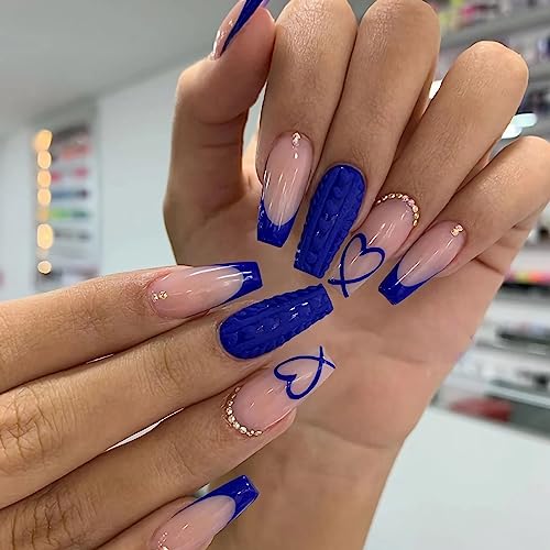BABALAL Coffin Press on Nails Long Fake Nails Blue French Tip Heart Glue on Nails Rhinestone Ballerina Acrylic Nails for Women and Girls 24Pcs Valentines Nails Press on