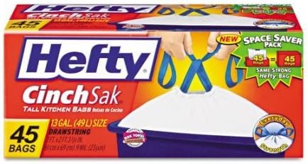 Hefty Products - Hefty - Cinch Sak Tall Kitchen &amp; Trash Bags, 13 gal, White, 45 Bags/Box - Sold As 1 Box - Strong and durable; easy to lift and carry. - Convenient drawstring closure is easy to close and makes the bag easy to lift and carry. - Unscented Odor Block technology neutralizes garbage odors without adding any unwanted scents or fragrances--leaves your kitchen smelling the way you want.