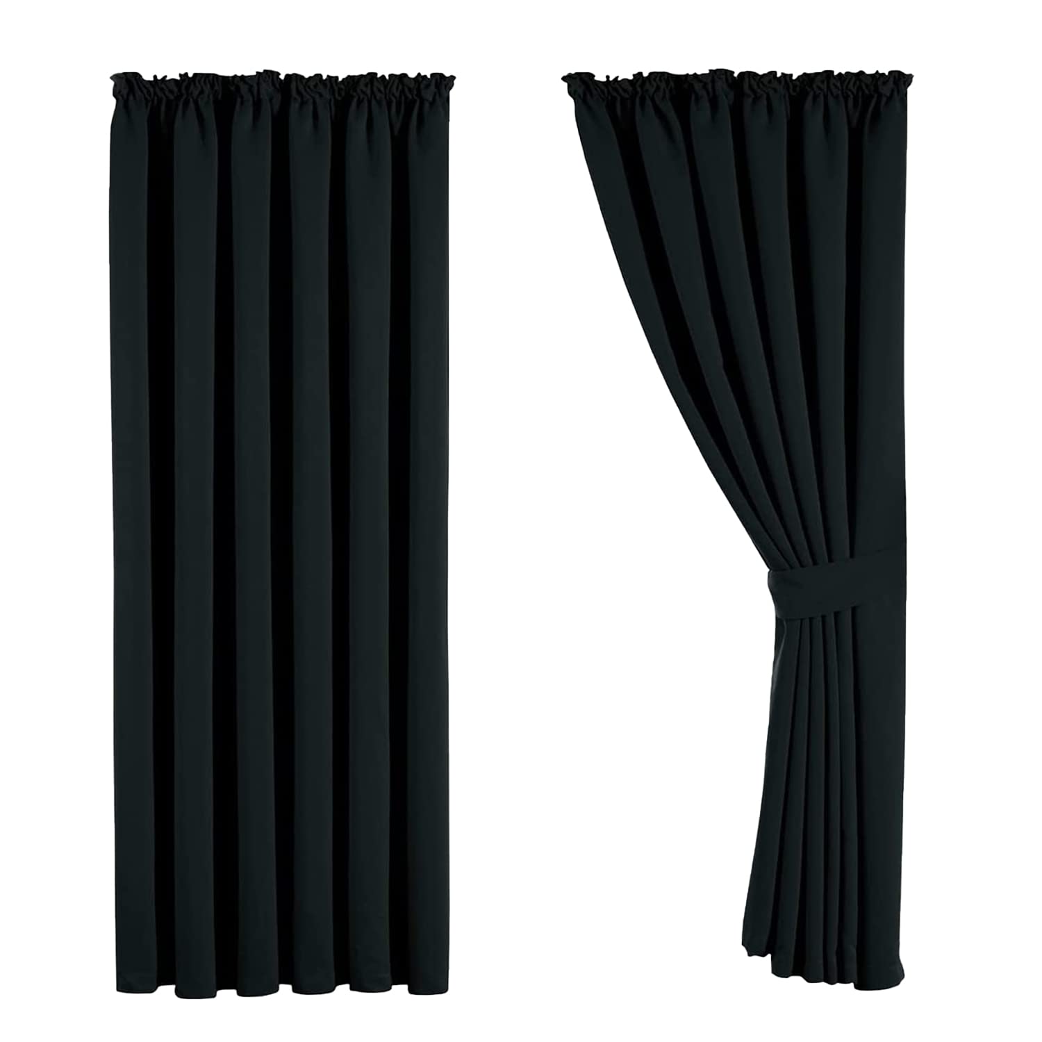 Aspire Homeware Blackout Curtains for Living Room Pencil Pleat Black Bedroom Curtains Tape Top 66 x 72 Drop Super Soft Thermal Insulated Window Curtain Drapes Pair Panel + Tiebacks — image 1