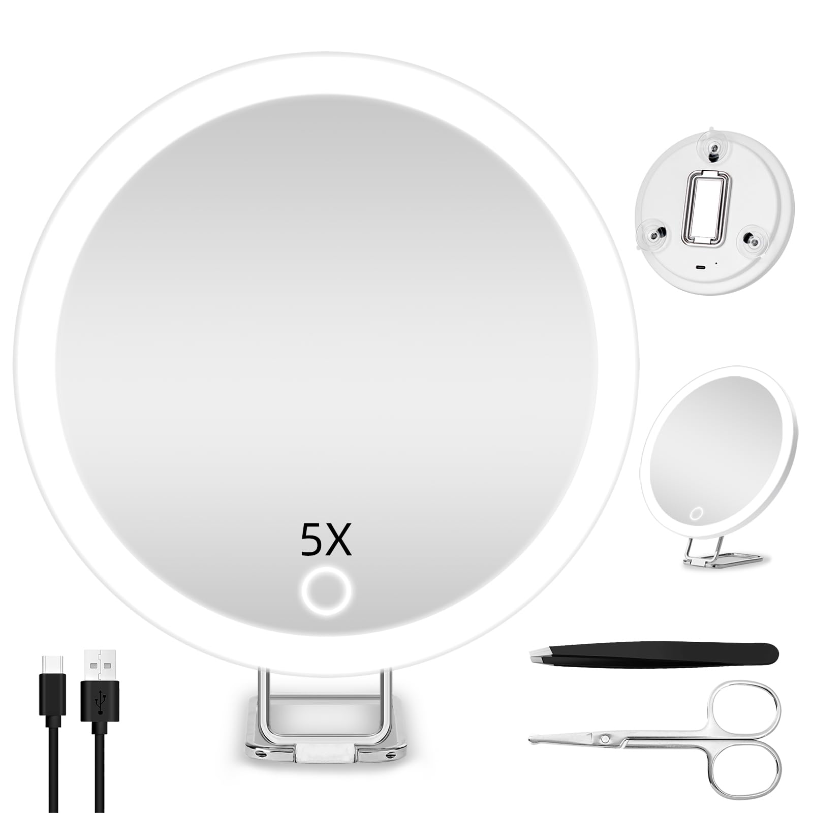 Photo 1 of Jadazror 5X Makeup Magnifying Mirror with Lights, Handheld 6inch Magnifying Mirror with Suction Cups, Travel 5X Magnified with Tweezers and Scissors, Portable Lighted Makeup Mirror 5X Magnification