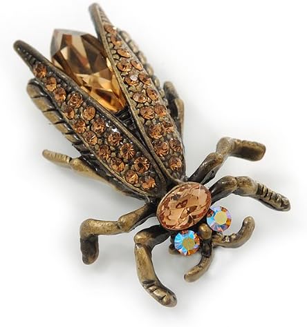 Vintage Inspired Ligth Amber Coloured Diamante 'Fly' Brooch In Bronze Tone - 35mm Length, brown, copper, bronze - Image 4