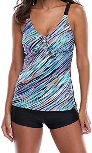 Bechic Womens Retro Summer Oceanic Stripes Swimwear 2 Pieces Swimsuit Tie Front Tankini Top and Bottom Set-Blue and Black
