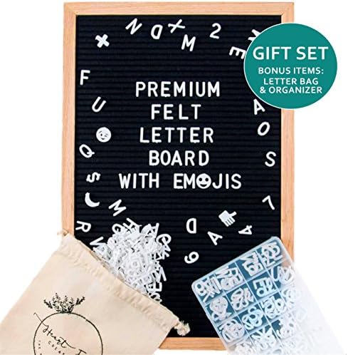 Felt Letter Board Set w/ EMOJIs, Black (12x18 inches) INCLUDES: 650+ Letters/Numbers/Symbols/Emojis, Wooden Oak Frame, Wall Hanger + FREE ORGANIZING CASE &amp; LARGE LETTER BAG By Heart Felt Creations
