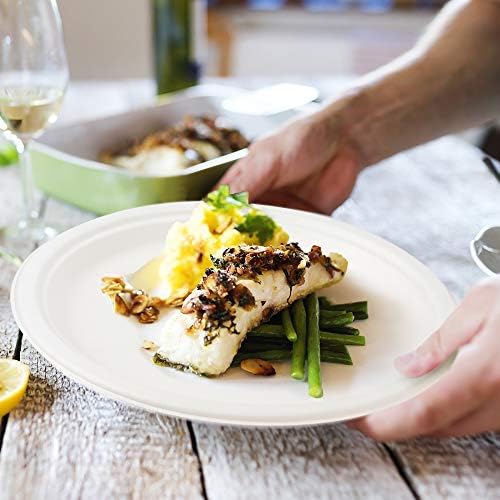 HAAGO 50 Strong Compostable Sugarcane Plates, 26 cm / 10" Dinner Plate, Heavy Duty, Grease- & Leak-Proof Paper Plates - Image 3