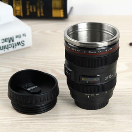 Coffee Mug - Camera Lens Travel Thermos - Stainless Steel Insulated Cup with Easy Clean Lid - 13.5oz - Black